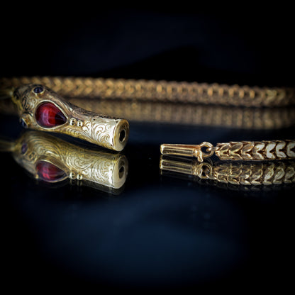 Antique Victorian Cabochon Garnet Yellow Gold Snake Serpent Necklace Collar | 14.5"