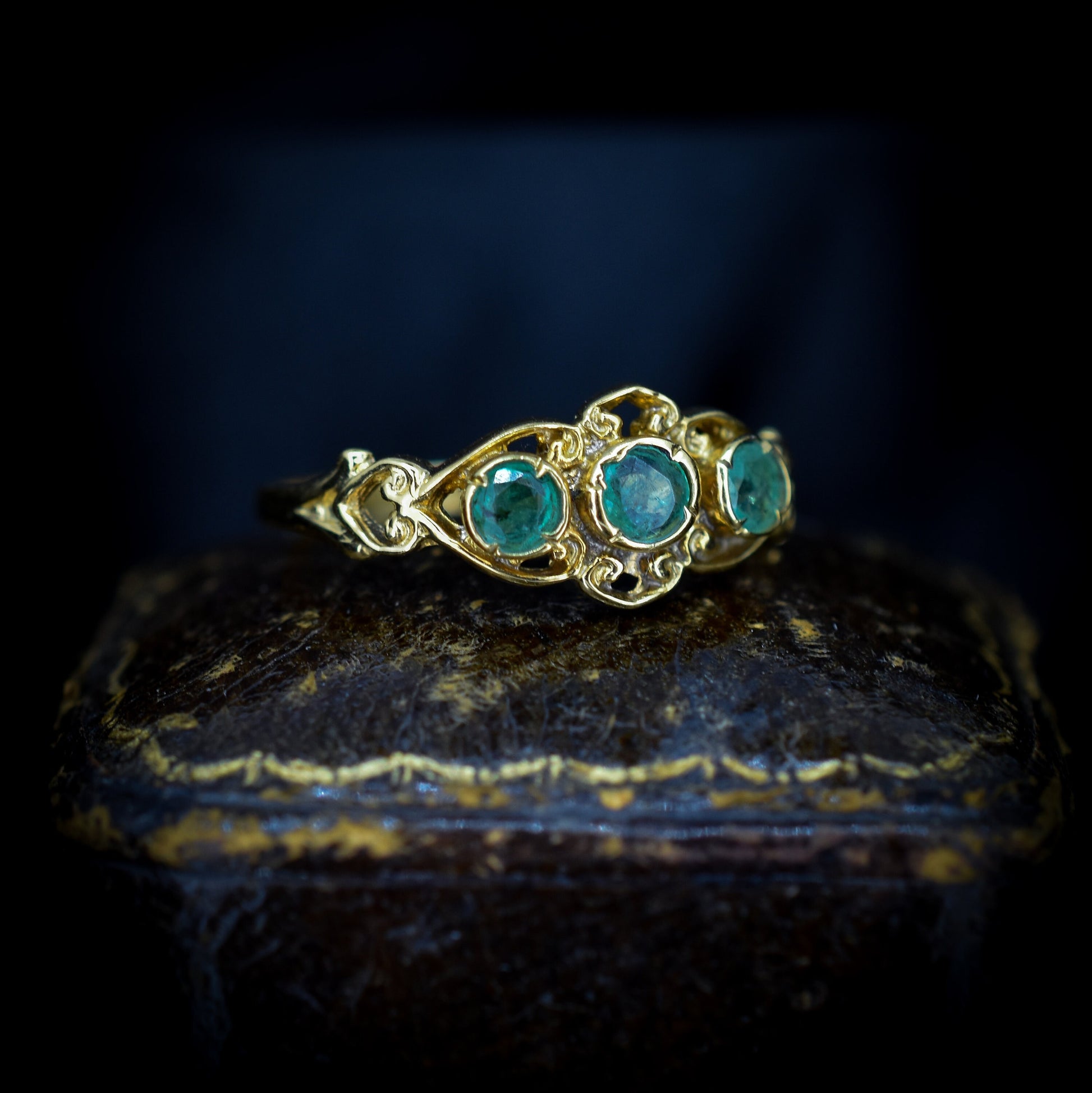 Emerald Trilogy Three Stone 18ct 18K Yellow Gold on Silver Gypsy Ring - Antique Style