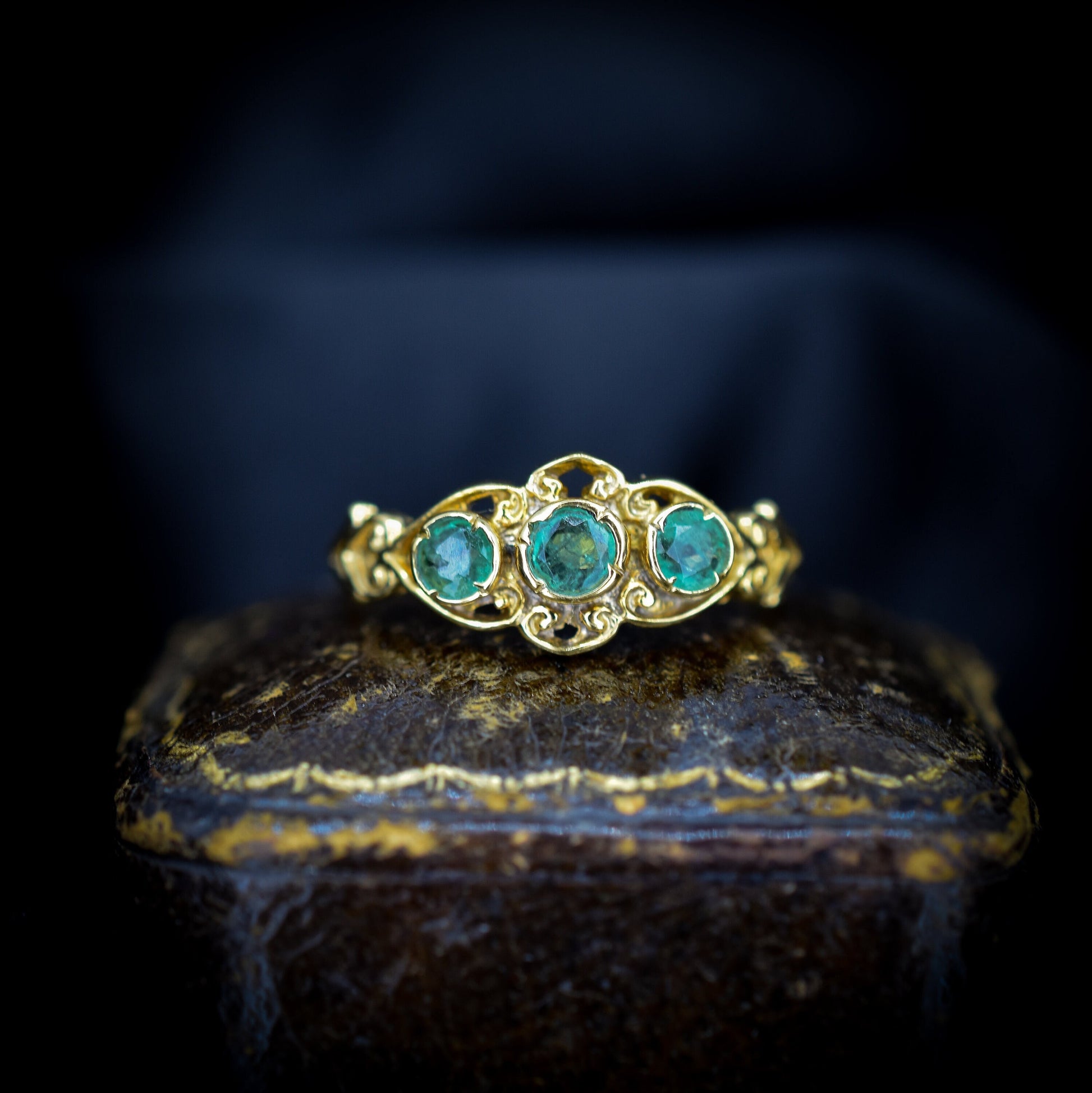 Emerald Trilogy Three Stone 18ct 18K Yellow Gold on Silver Gypsy Ring - Antique Style