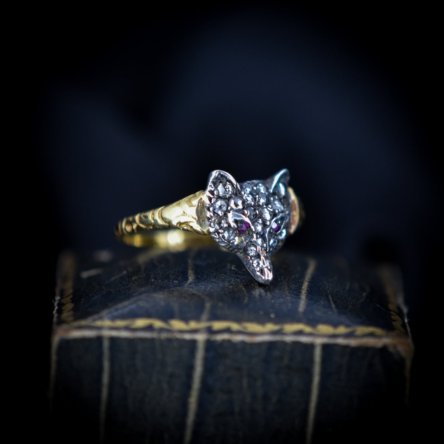 Diamond and Ruby Set Fox Head 18ct Yellow Gold and Silver Ring | Antique Victorian Style