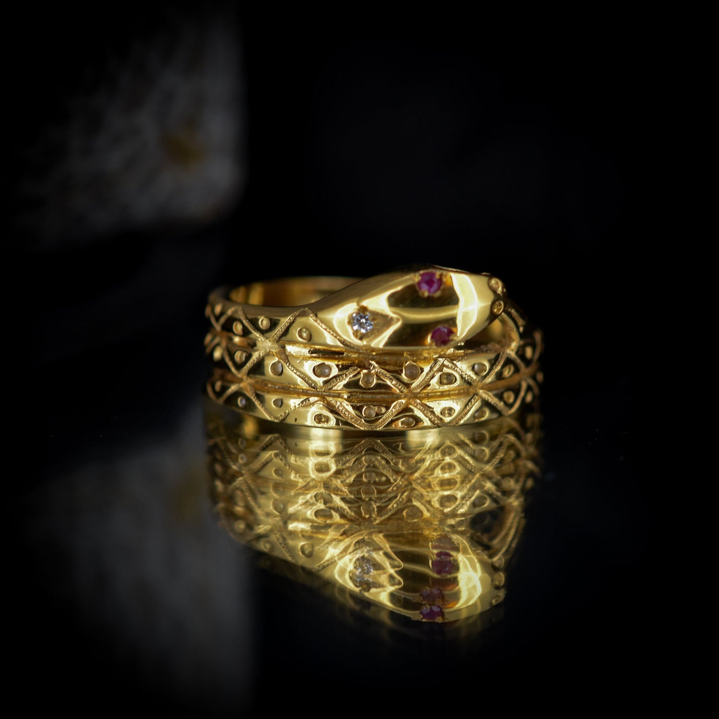 Ruby Snake Serpent 18ct 18K Yellow Gold on Silver Ring | Antique Victorian Style