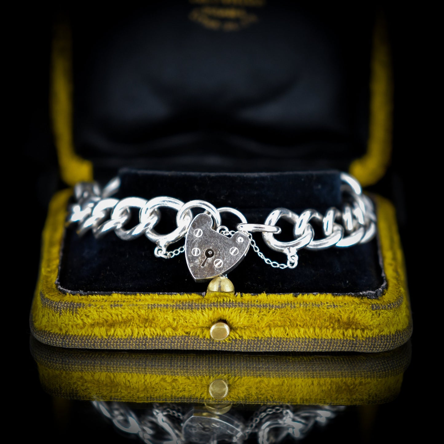 Vintage Heavy Chunky Heart Padlock Sterling Silver Curb Bracelet - Dated London 1974