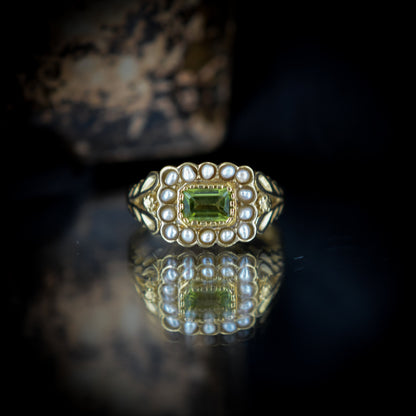 Peridot and Pearl Cluster Halo 18ct Yellow Gold on Silver Ring | Antique Georgian Style
