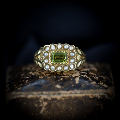 Peridot and Pearl Cluster Halo 18ct Yellow Gold on Silver Ring | Antique Georgian Style