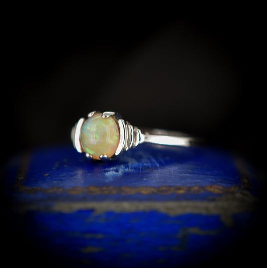 Antique Art Deco Colourful Natural Opal Solitaire 9ct 9K White Gold Ring