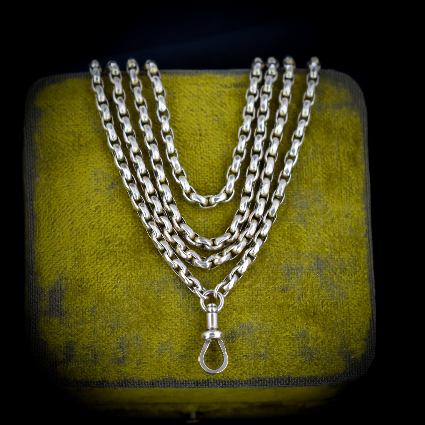 Antique Victorian 9ct 9K Gold Faceted Belcher Guard Muff Chain Necklace (49.6g) | 62" Length with Dog Clip