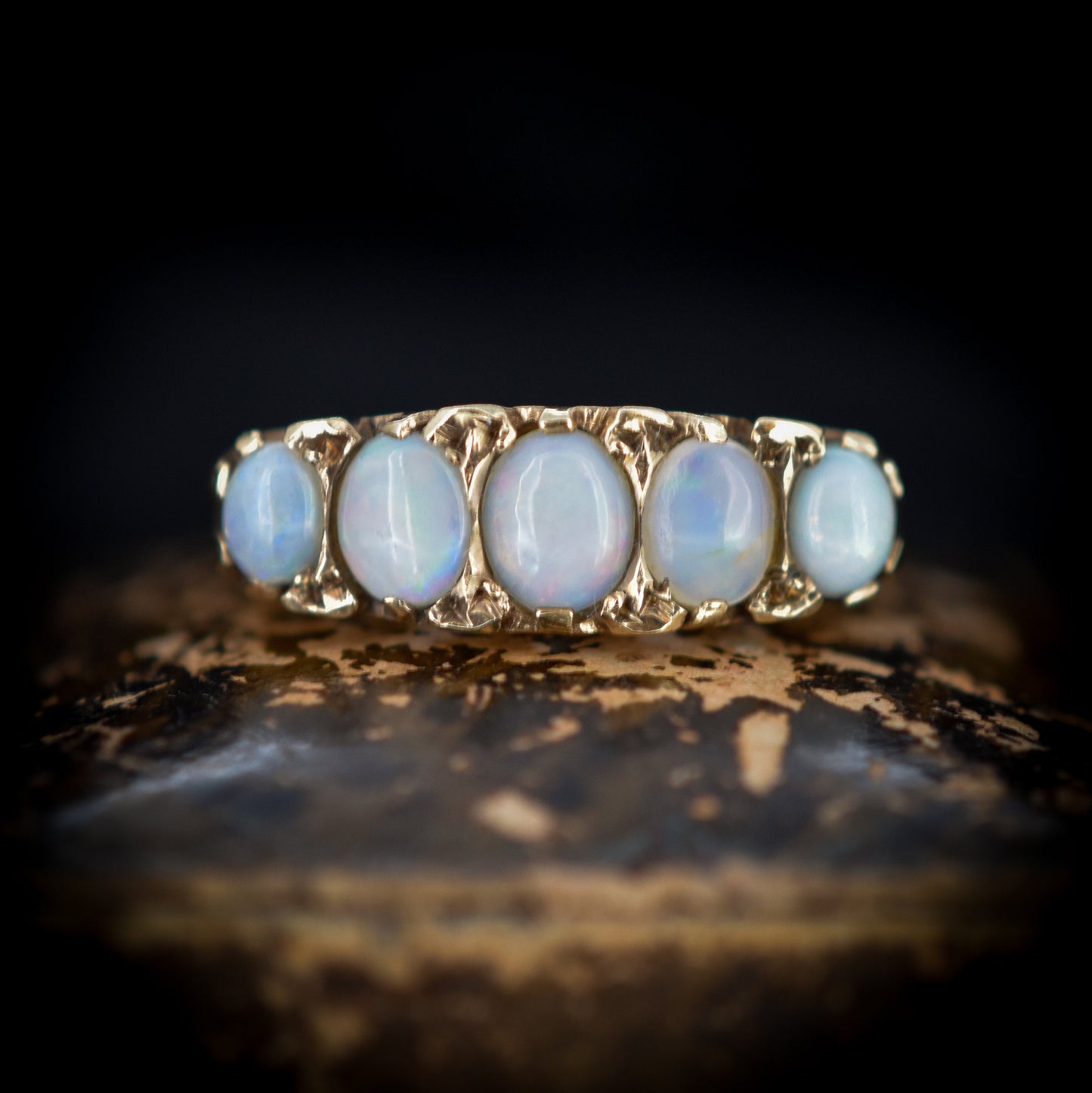 Vintage Natural Opal Five Stone 9ct 9K Yellow Gold Scroll Ring – Antique Style