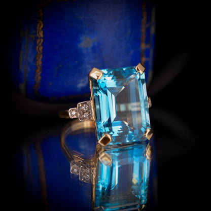 Emerald Cut 26ct Blue Topaz and Diamond 9ct 9K Yellow Gold Statement Cocktail Ring | Art Deco Style