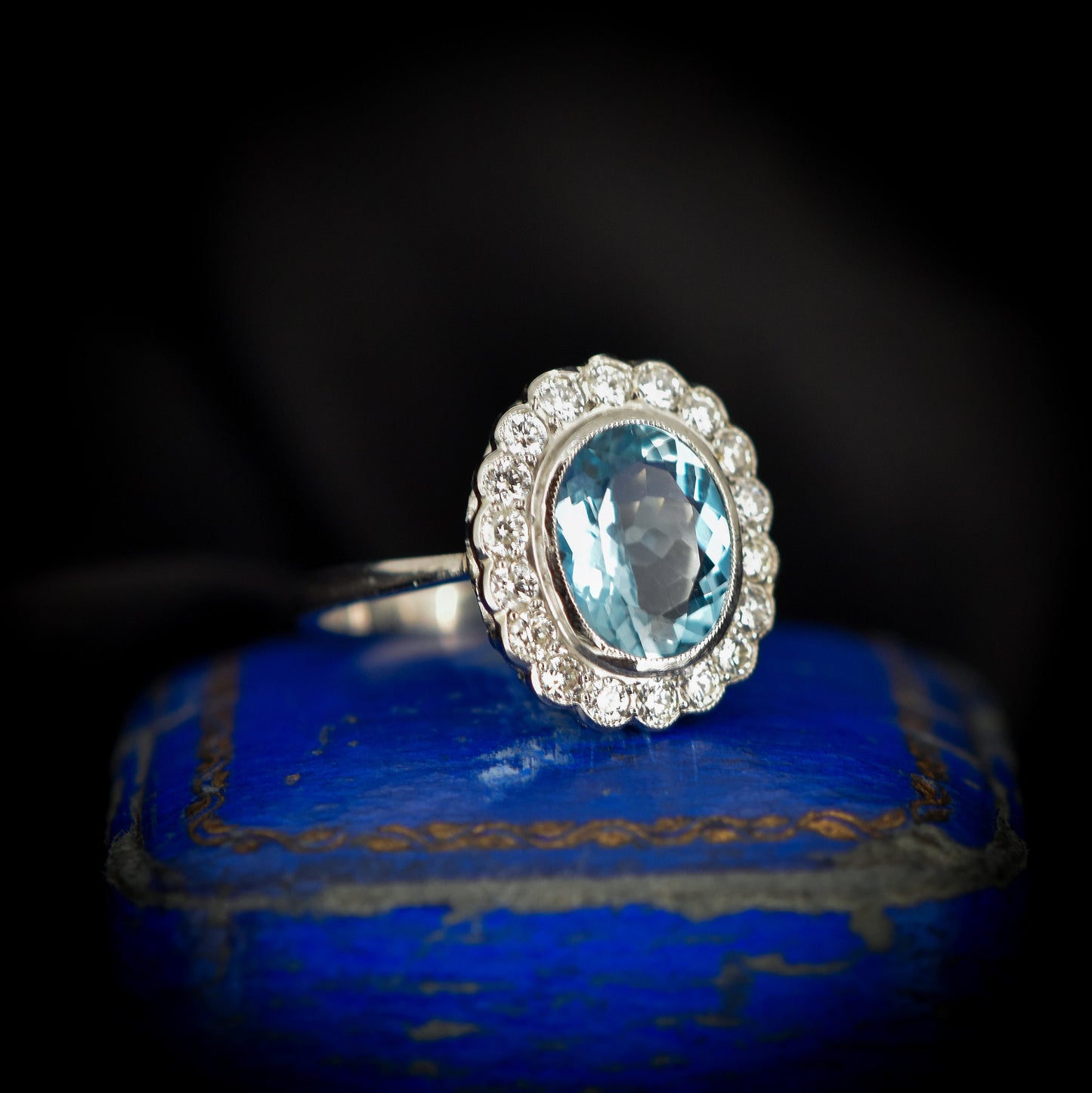 Aquamarine and Diamond Oval Halo Cluster Platinum Gold Ring | Art Deco Style