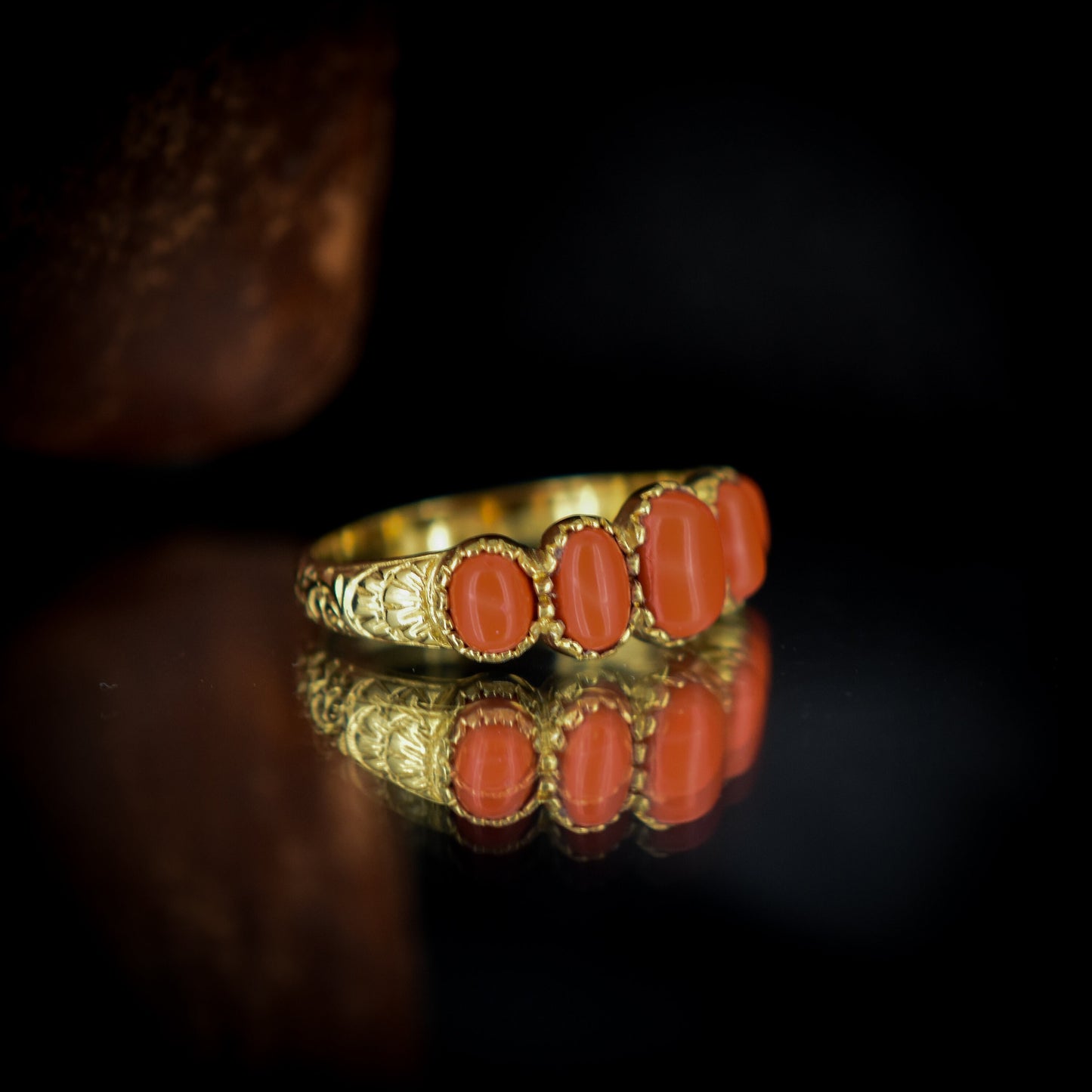 Coral Five Stone 18ct 18K Yellow Gold Gilded Ring Band | Antique Georgian Style