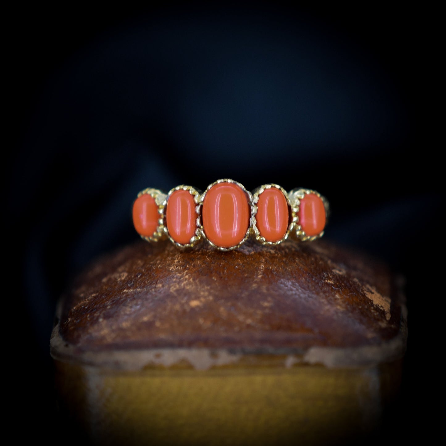 Coral Five Stone 18ct 18K Yellow Gold Gilded Ring Band | Antique Georgian Style