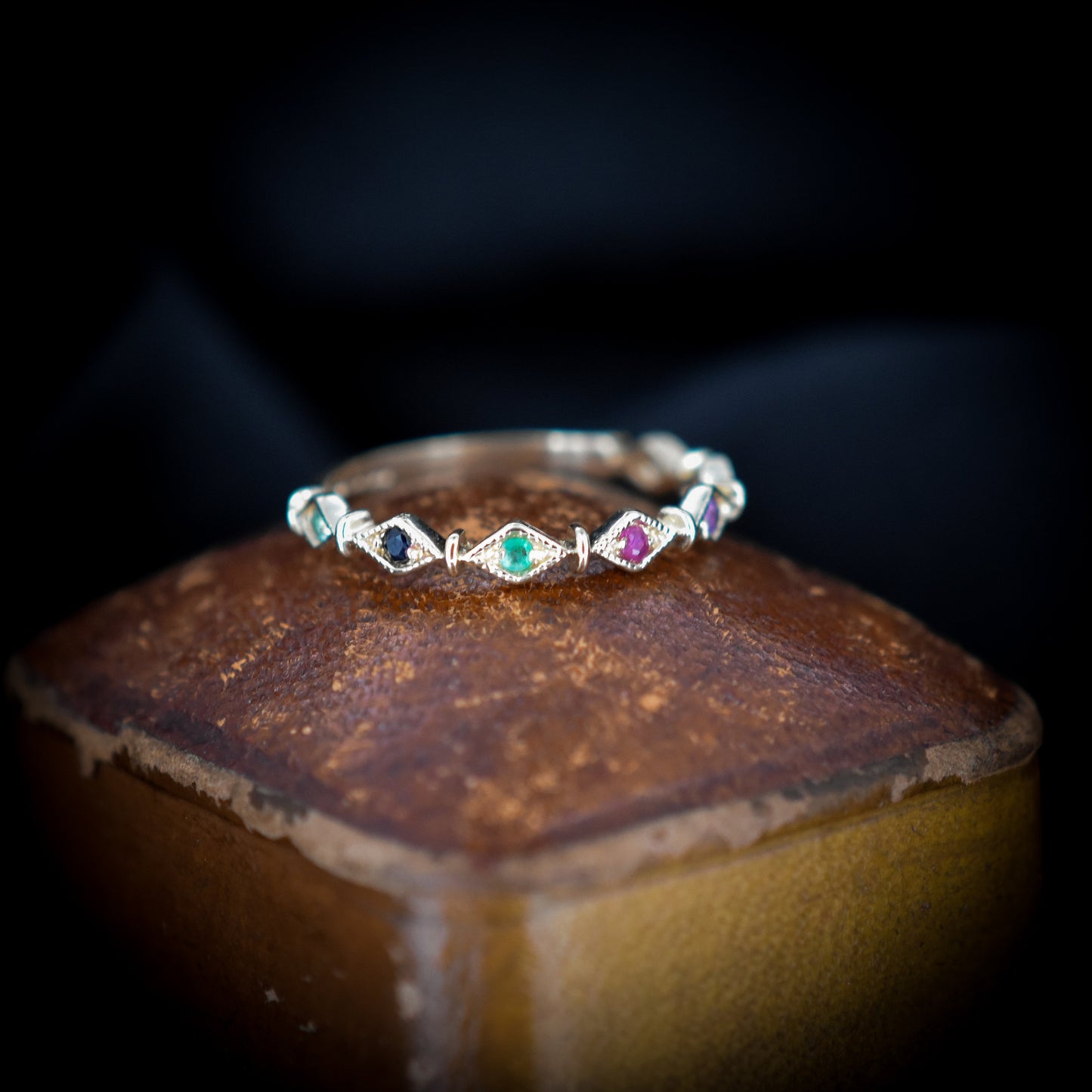 DEAREST Acrostic Multi Gemstone 9ct 9K Yellow Gold Stacking Ring Band | Antique Style