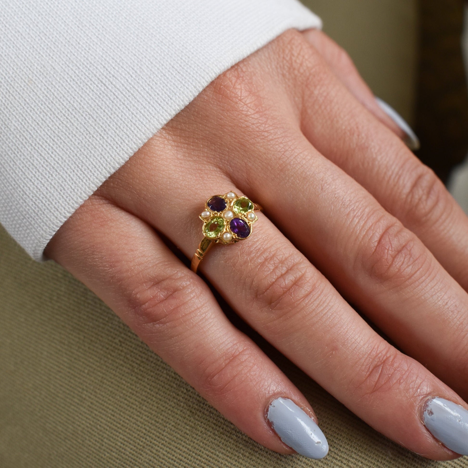 Suffragette Style Amethyst Peridot and Pearl 18ct 18K Yellow Gold on Silver Cluster Ring – Antique Inspired