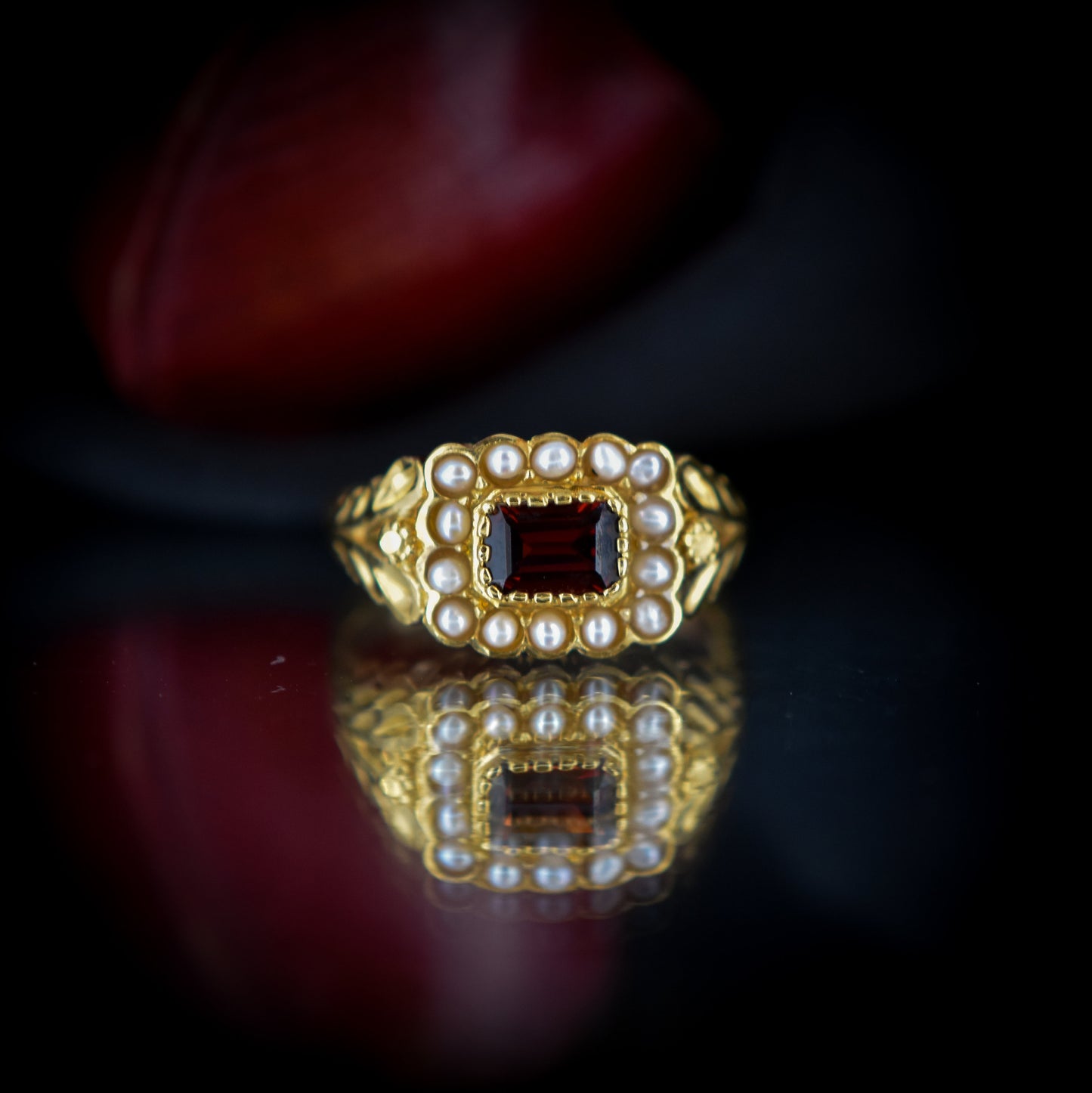 Garnet and Pearl Cluster Halo 18ct Yellow Gold Gilded Ring | Antique Georgian Style