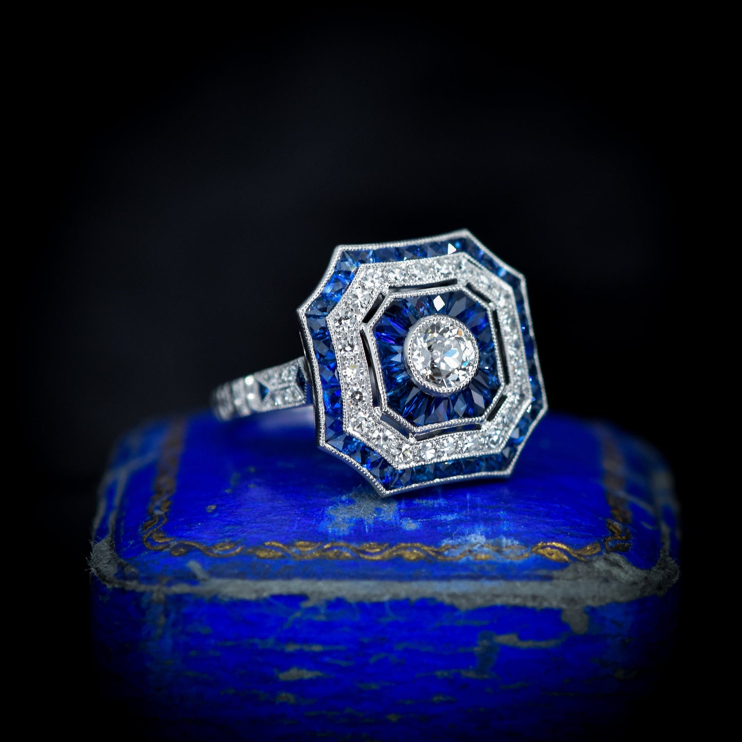 Art Deco Style Blue Sapphire and Diamond Octagon Target Halo Cluster Platinum Ring