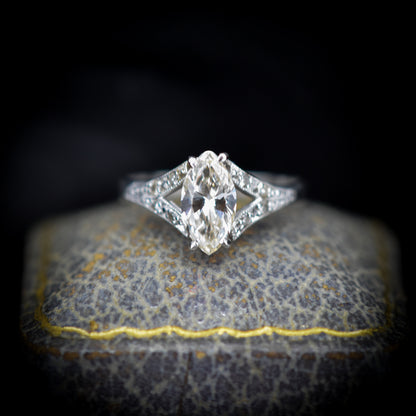 Vintage 0.80ct Marquise Diamond Solitaire Platinum Engagement Ring | Certified