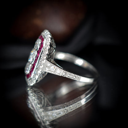 Art Deco Style Ruby and Diamond Platinum Panel Cocktail Ring