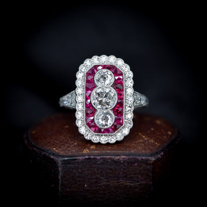 Art Deco Style Ruby and Diamond Platinum Panel Cocktail Ring