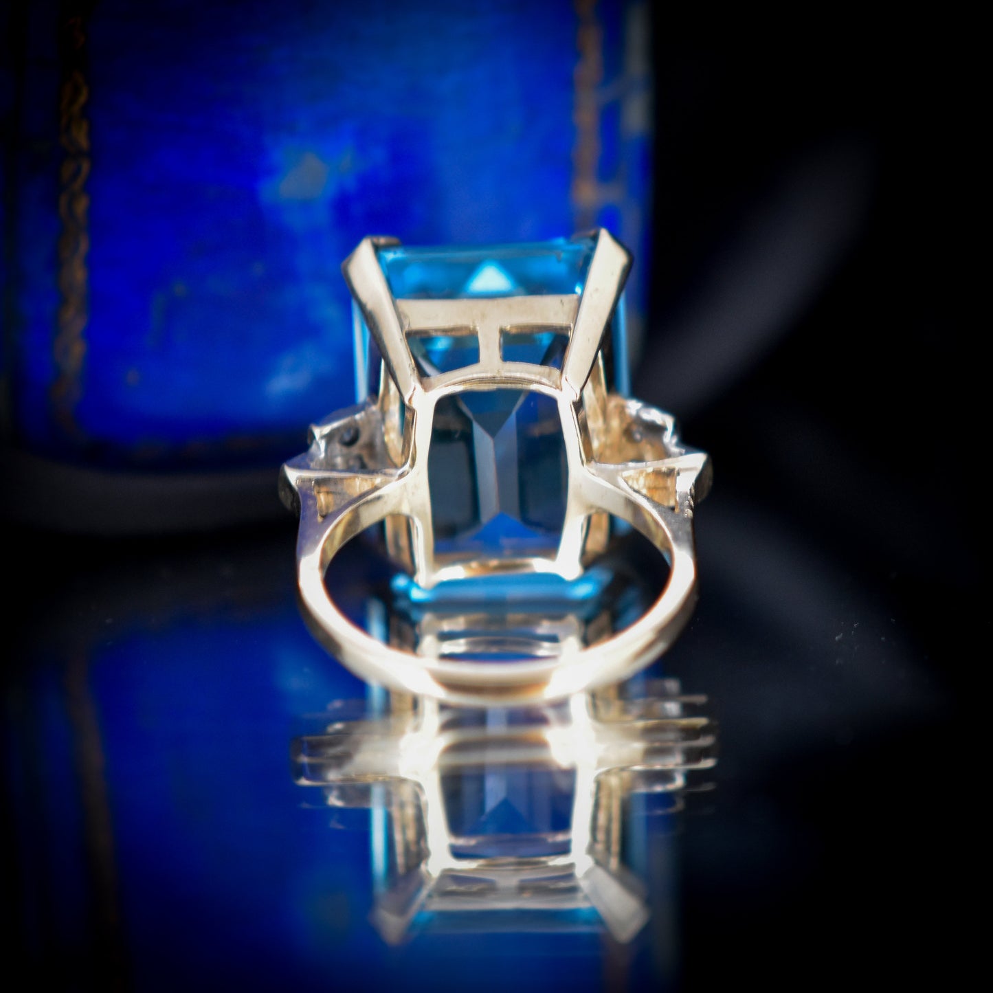 Emerald Cut 26ct Blue Topaz and Diamond 9ct 9K Yellow Gold Statement Cocktail Ring | Art Deco Style