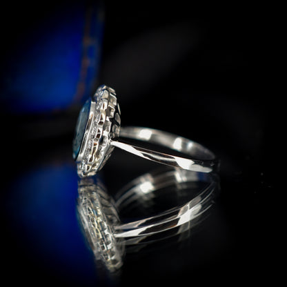Aquamarine and Diamond Oval Halo Cluster Platinum Gold Ring | Art Deco Style