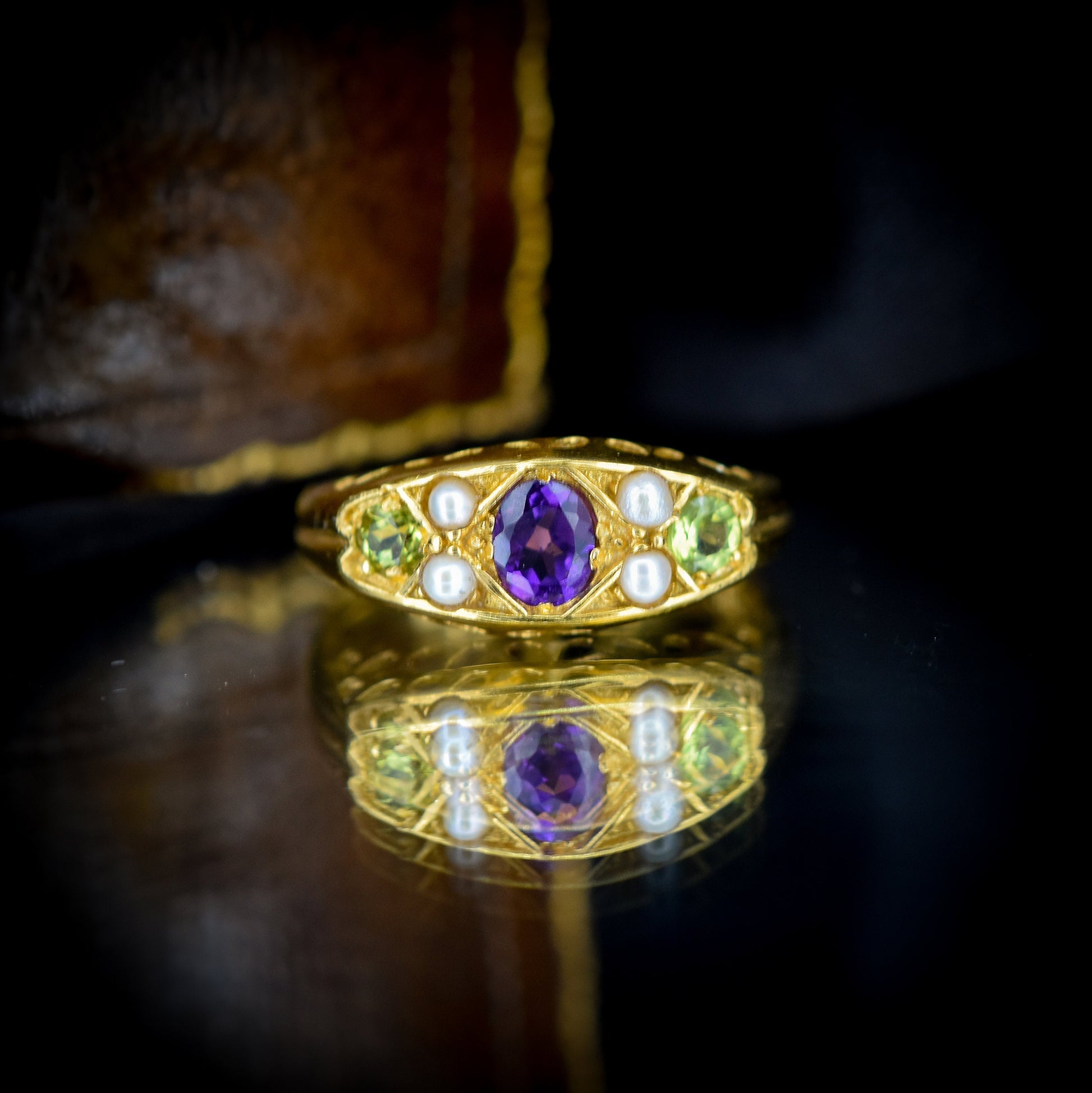 Amethyst Peridot and Pearl 18ct Yellow Gold on Silver Boat Ring – Antique Suffragette Style