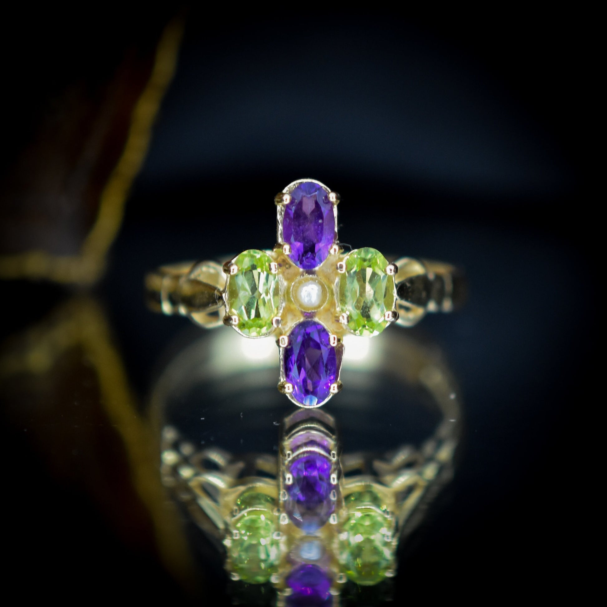 Suffragette Style Amethyst Peridot and Pearl 9ct Yellow Gold Cluster Ring – Antique Inspired