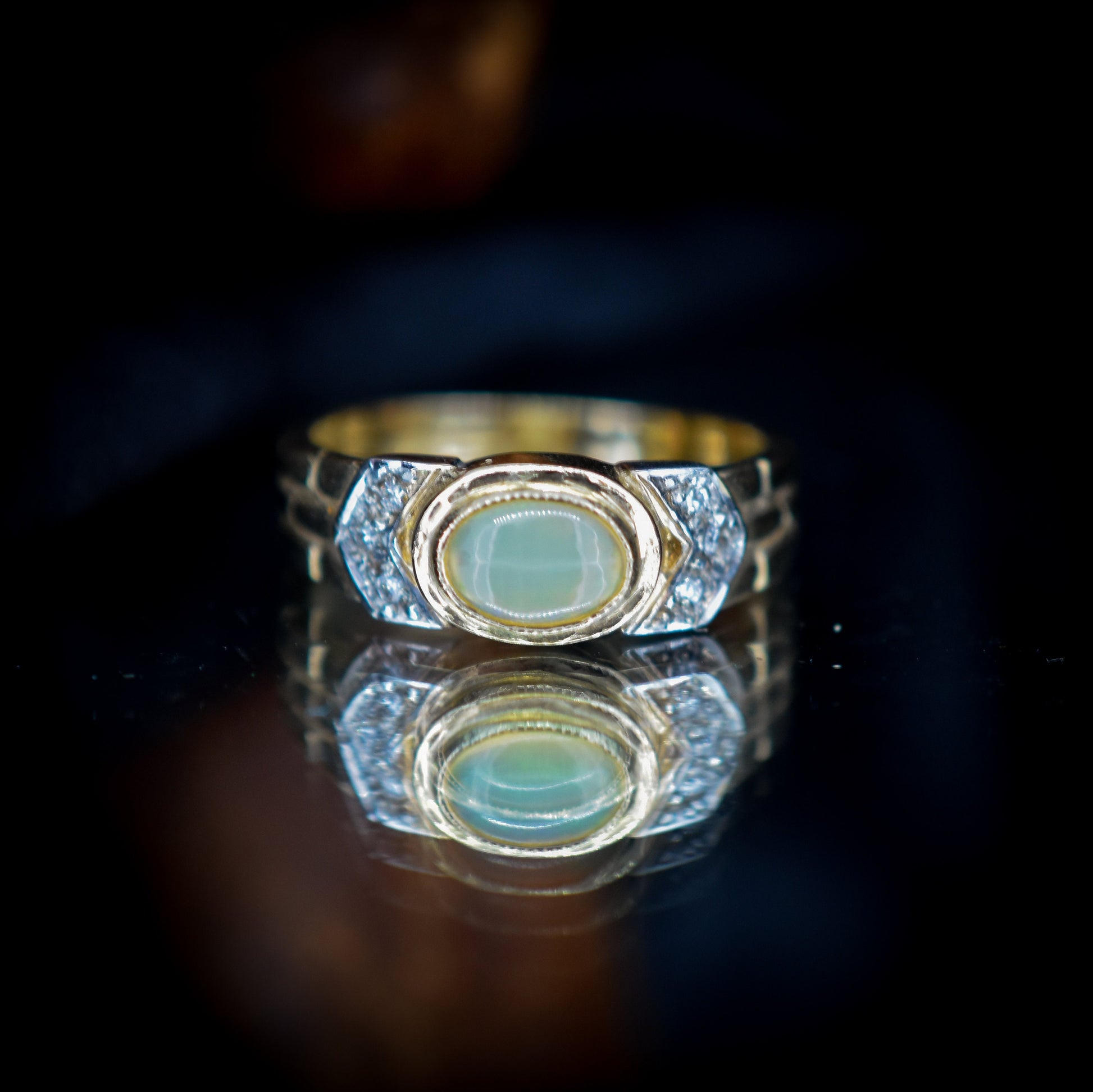 Opal and Diamond 9ct 9K Yellow Gold Wide Band Ring | Vintage Style