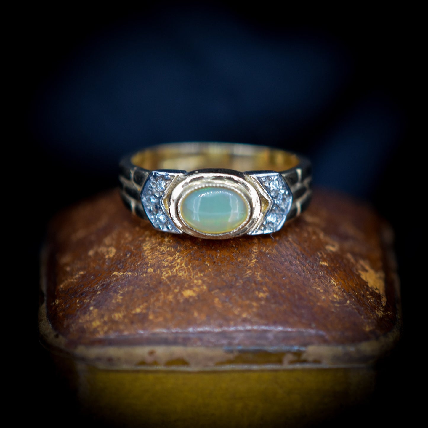 Opal and Diamond 9ct 9K Yellow Gold Wide Band Ring | Vintage Style