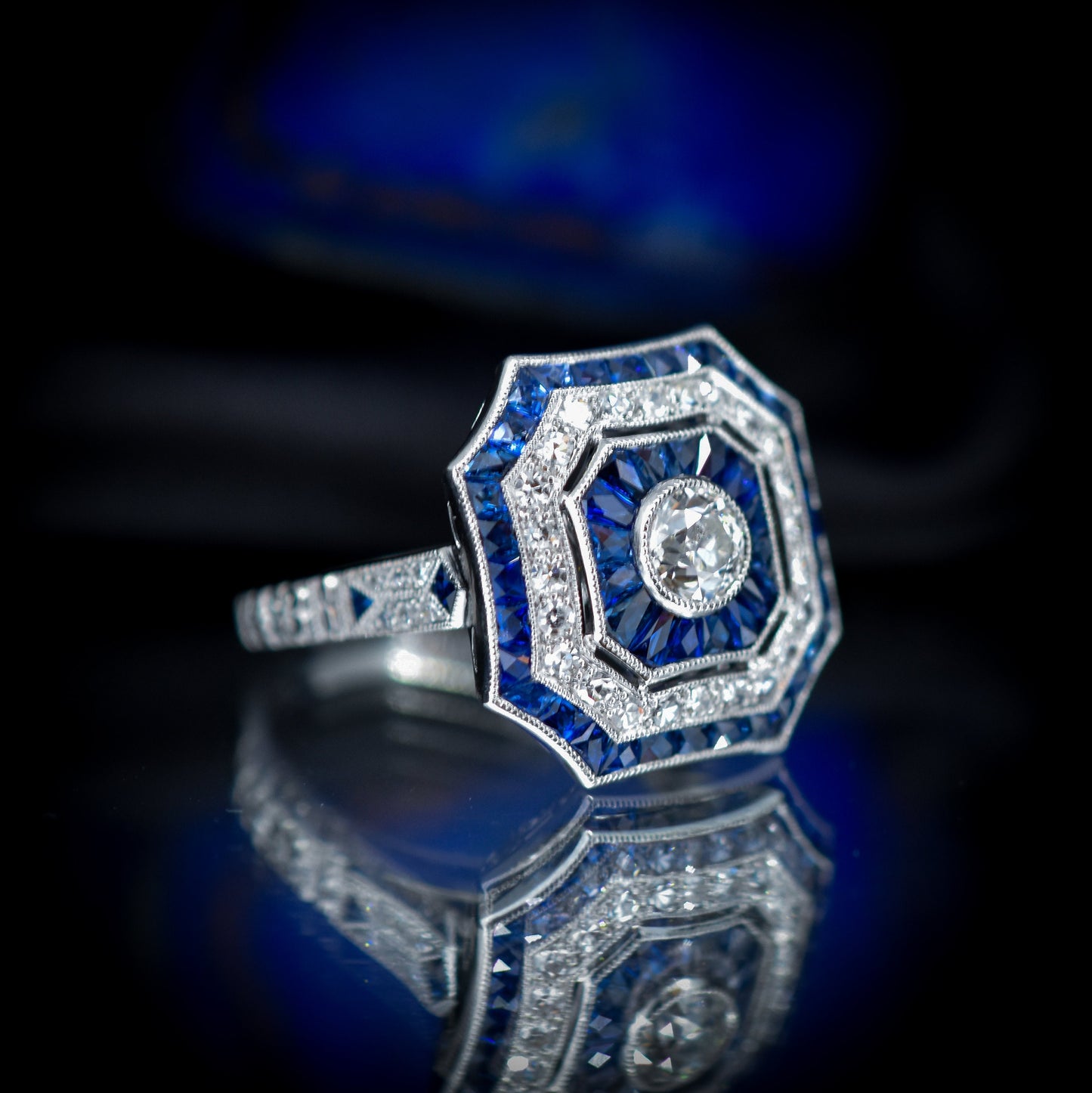 Art Deco Style Blue Sapphire and Diamond Octagon Target Halo Cluster Platinum Ring