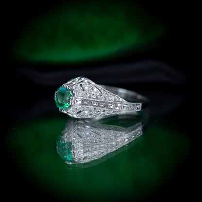 Emerald and Diamond Cocktail Platinum Ring | Art Deco Style