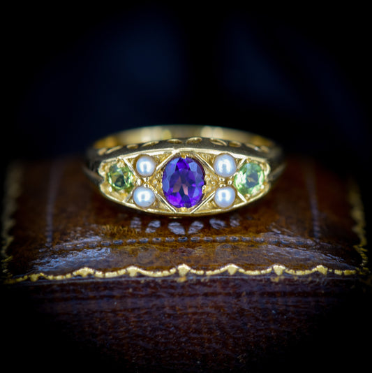 Amethyst Peridot and Pearl 18ct Yellow Gold on Silver Boat Ring – Antique Suffragette Style