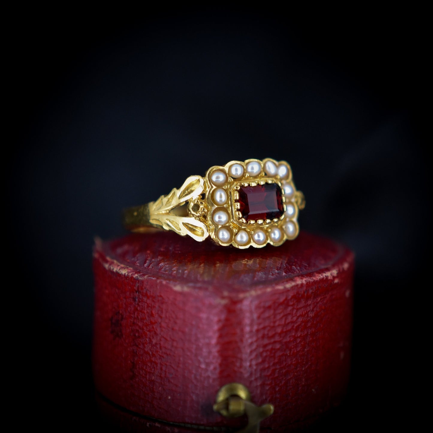 Garnet and Pearl Cluster Halo 18ct Yellow Gold Gilded Ring | Antique Georgian Style