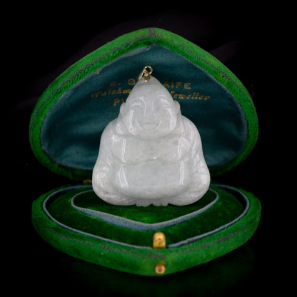 Vintage Green Jade Jadeite Buddha 14ct 14K Yellow Gold Drop Pendant | Chinese