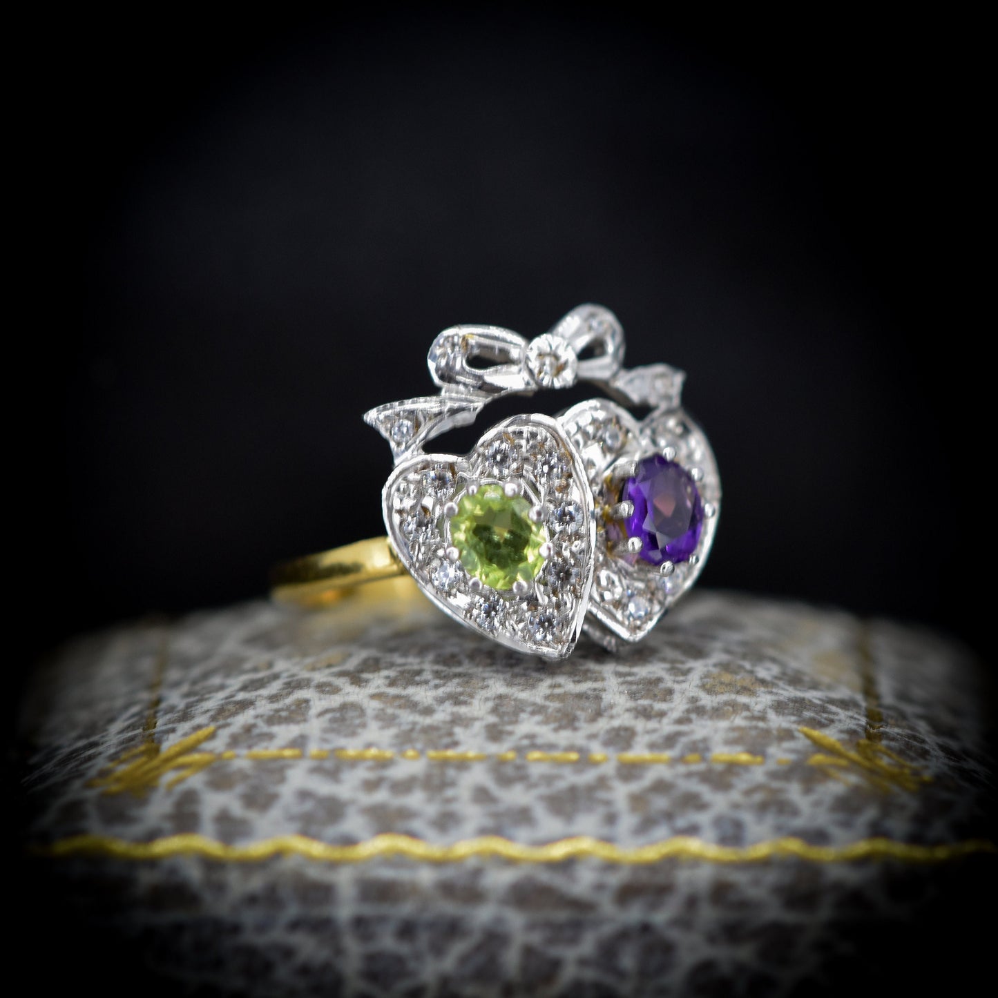 Suffragette Style Amethyst and Peridot Twin Double Crowned Heart 18ct Gold on Silver Ring