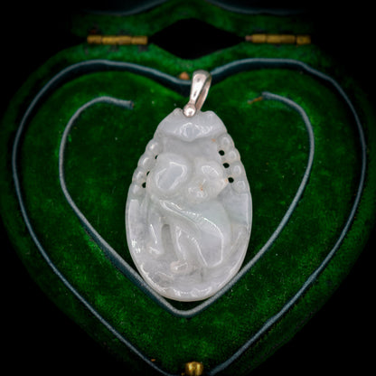 Vintage Jade Carved Monkey Sterling Silver Drop Pendant
