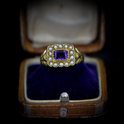 Amethyst and Pearl Cluster Halo 18ct Yellow Gold Gilded Ring | Antique Georgian Style