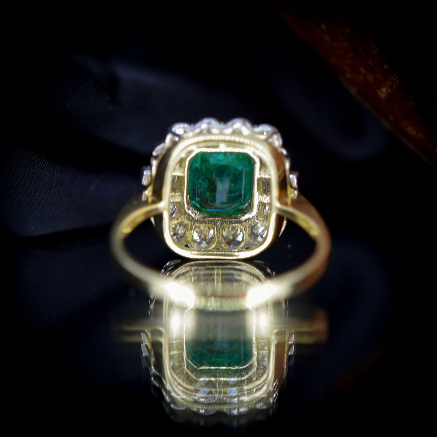 Emerald and Diamond Cluster Halo 18ct 18K Yellow Gold Ring | Engagement | Art Deco Style