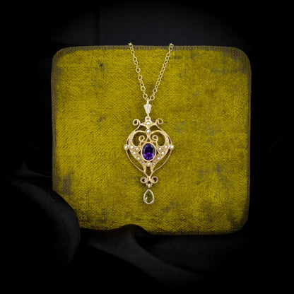 Amethyst Peridot and Pearl Lavalier 9ct Gold Pendant Necklace | Antique Suffragette Style