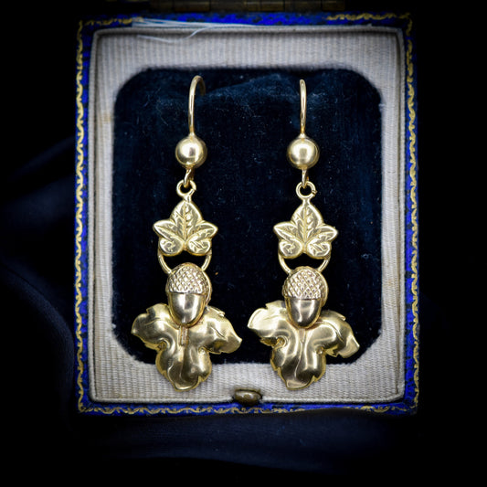 Antique Victorian 9ct 9K Yellow Gold Acorn Drop Dangle Earrings | Circa.1880