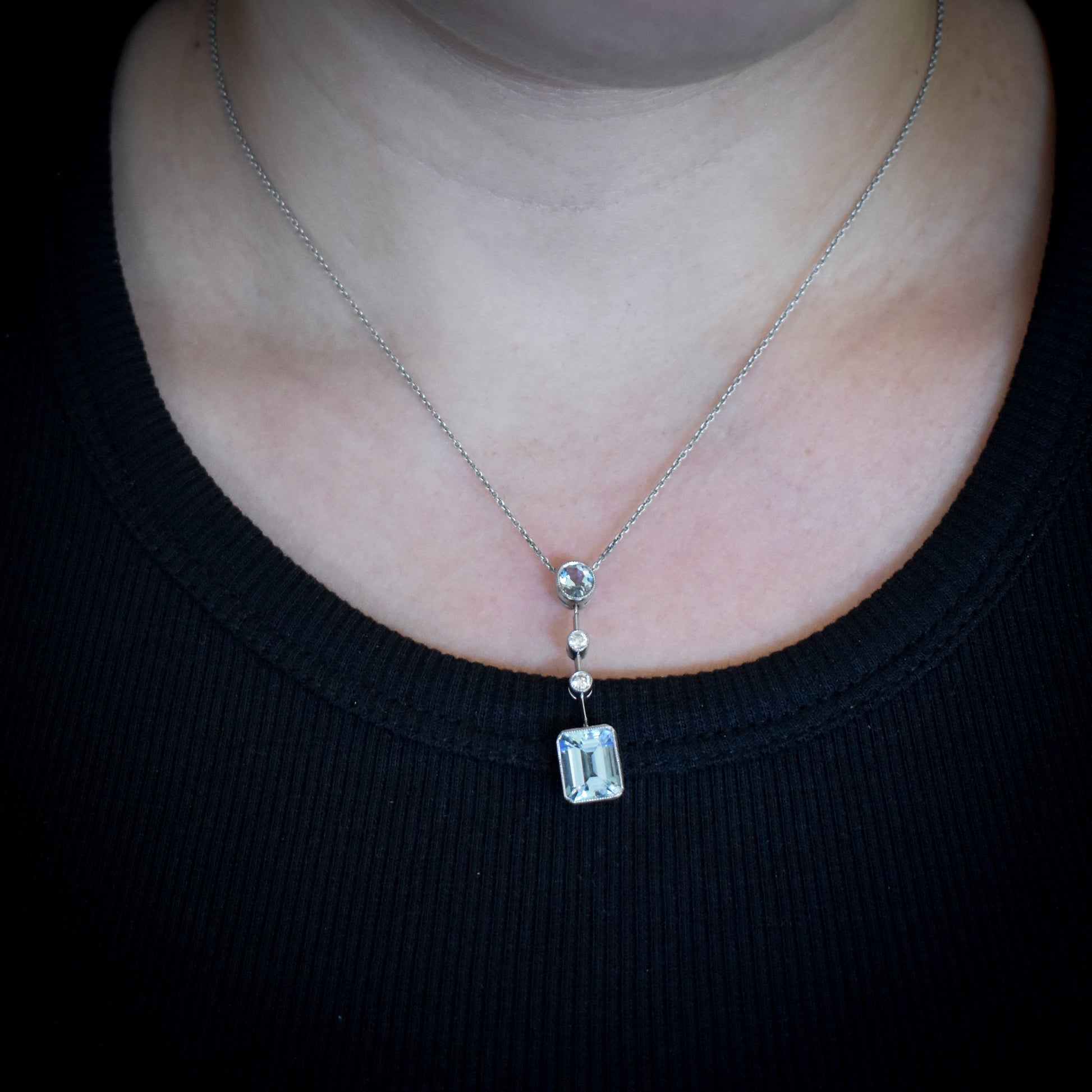 Aquamarine and Diamond Bezel 18ct White Gold Drop Necklace