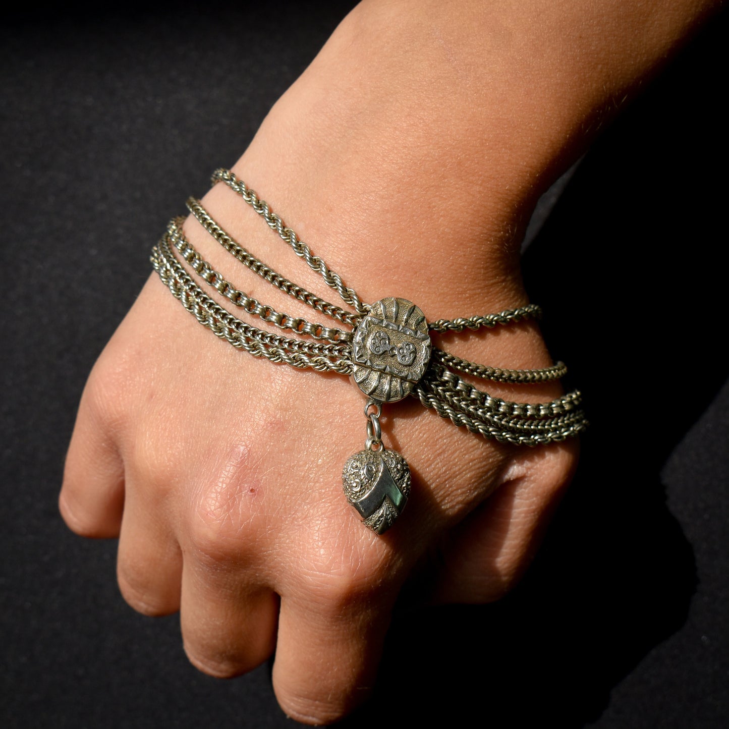 Antique Silver Multi-Strand Heart Albertina Albert Chain Bracelet with Slider | 8"