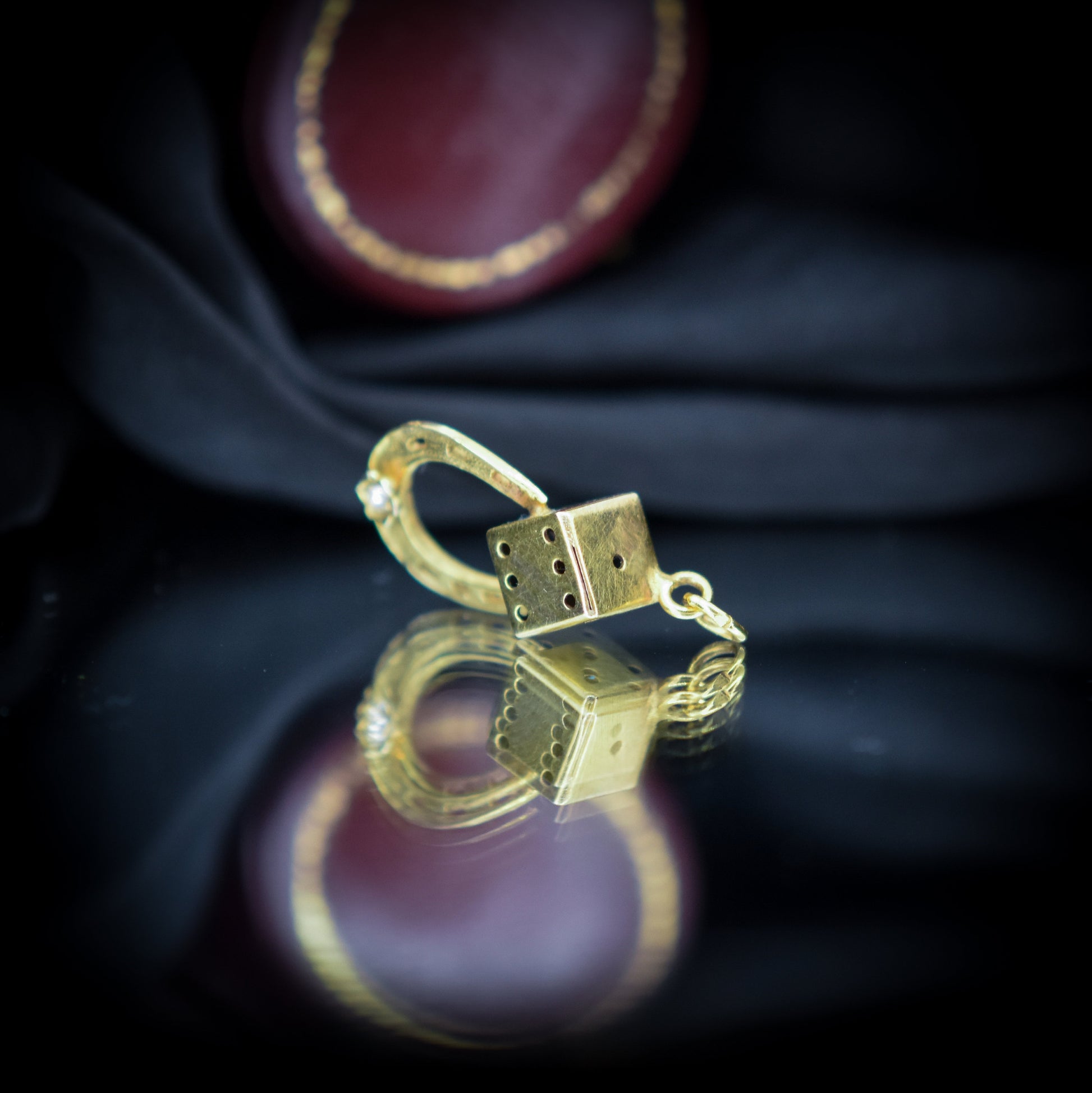Antique Diamond 9ct 9K Yellow Gold Horseshoe and Dice Charm Pendant