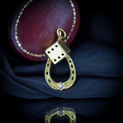Antique Diamond 9ct 9K Yellow Gold Horseshoe and Dice Charm Pendant