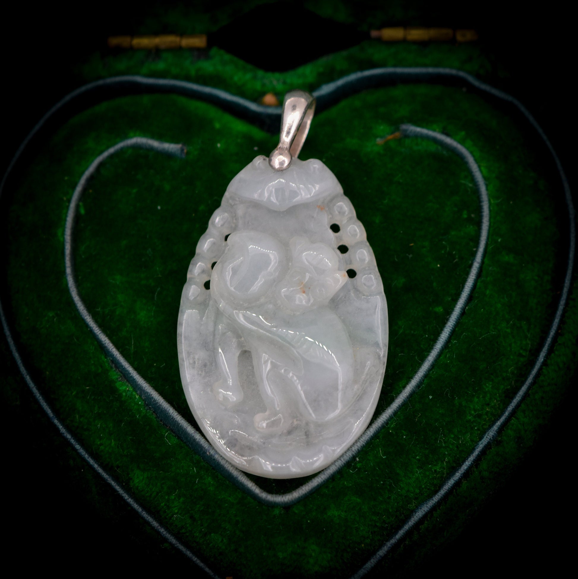 Vintage Jade Carved Monkey Sterling Silver Drop Pendant