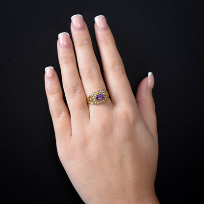 Amethyst and Pearl Cluster Halo 18ct Yellow Gold Gilded Ring | Antique Georgian Style