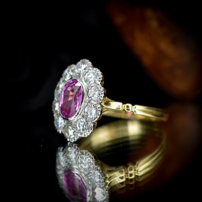 Pink Sapphire and Diamond Oval Cluster Halo 18ct 18K Yellow Gold Ring