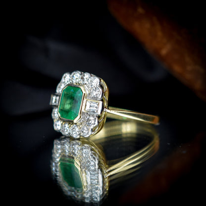 Emerald and Diamond Cluster Halo 18ct 18K Yellow Gold Ring | Engagement | Art Deco Style