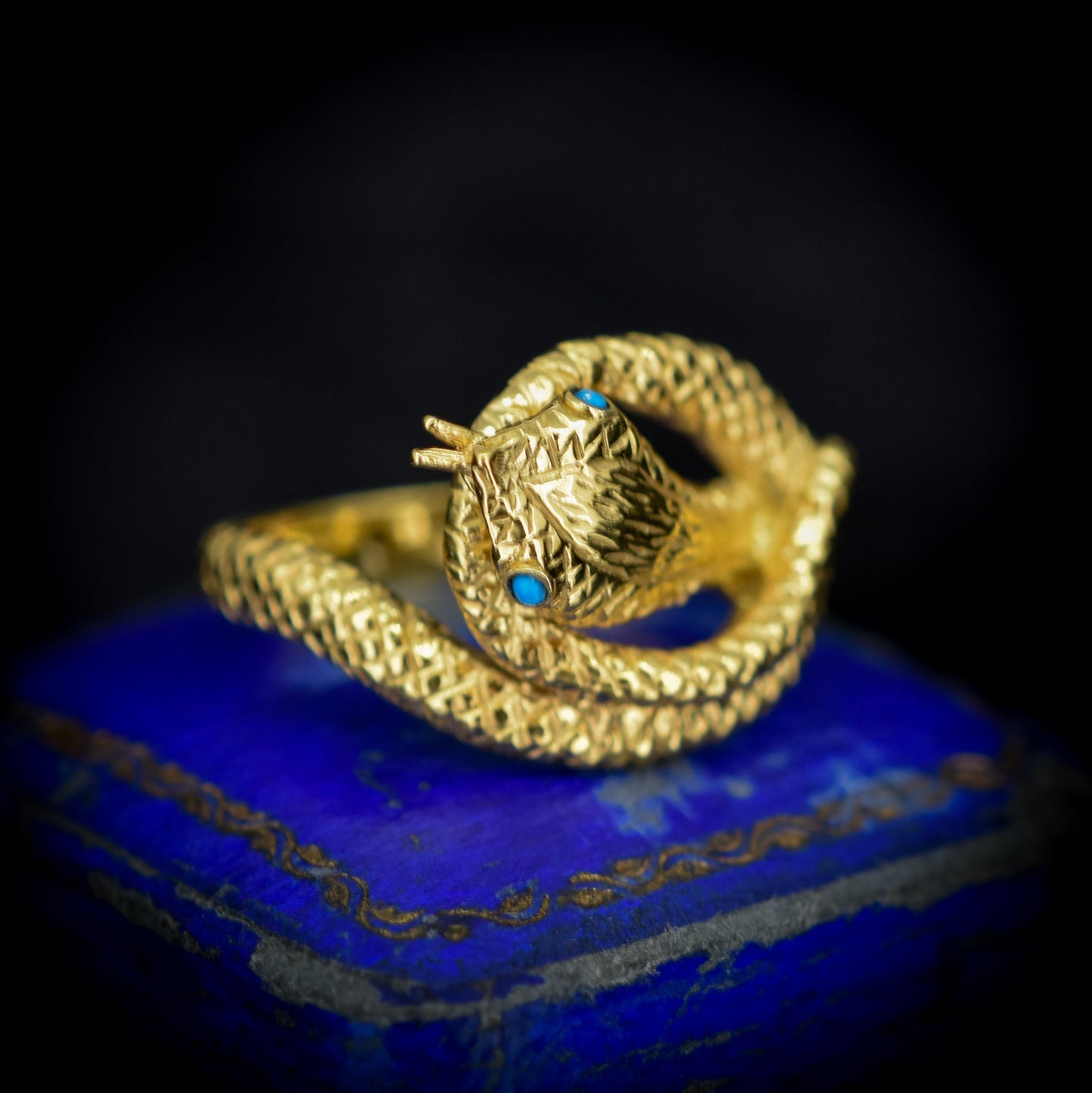 Turquoise Coiled Snake Serpent 18ct 18K Yellow Gold on Silver Ring | Antique Victorian Style