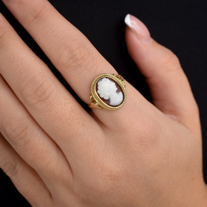 Vintage Style Sardoynx Cameo Portrait 18ct 18K Yellow Gold on Silver Oval Twist Ring