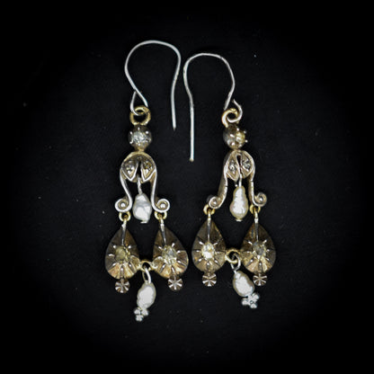 Georgian Antique Rose cut Quartz and Pearl Silver Pendeloque Drop Earrings